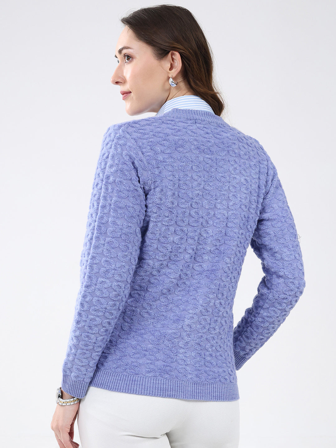 Women Purple Self Design V Neck Full Sleeve Cardigan