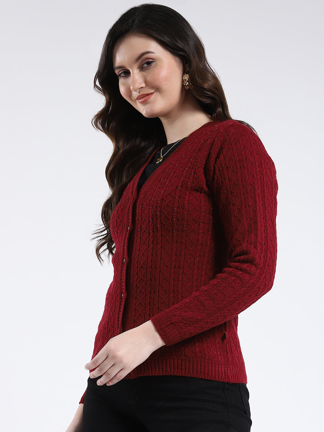 Women Maroon Self Design V Neck Full Sleeve Cardigan