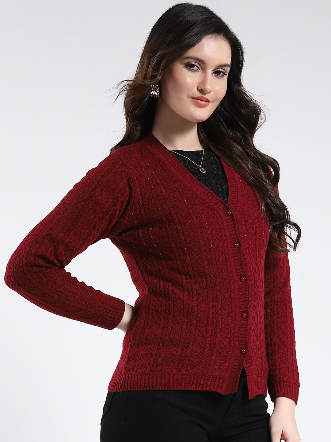 Women Maroon Self Design V Neck Full Sleeve Cardigan