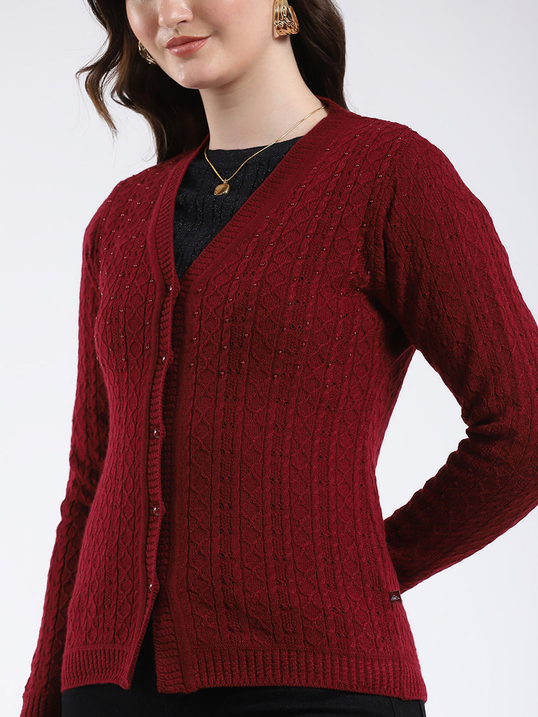 Women Maroon Self Design V Neck Full Sleeve Cardigan