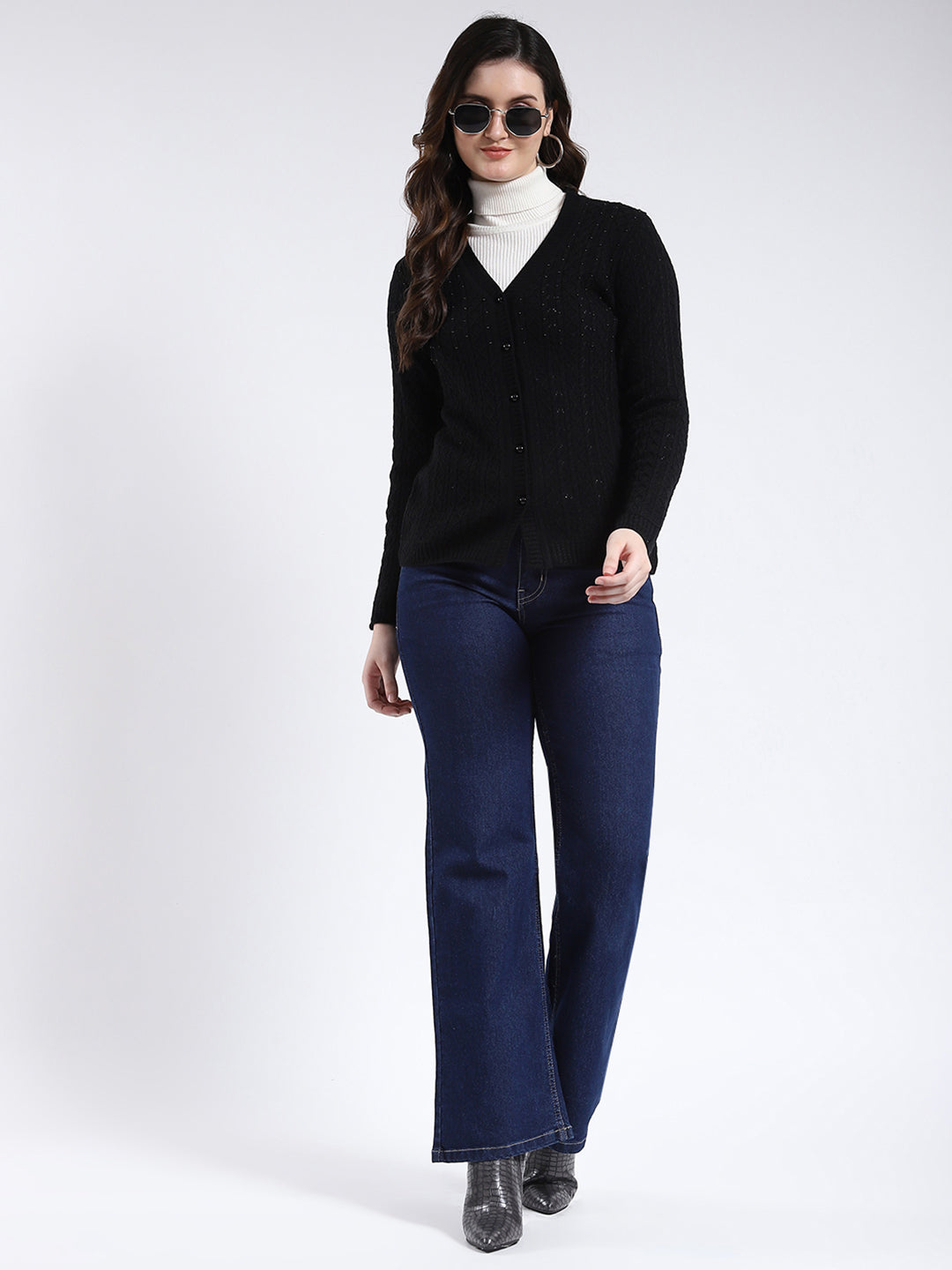 Women Black Self Design V Neck Full Sleeve Cardigan