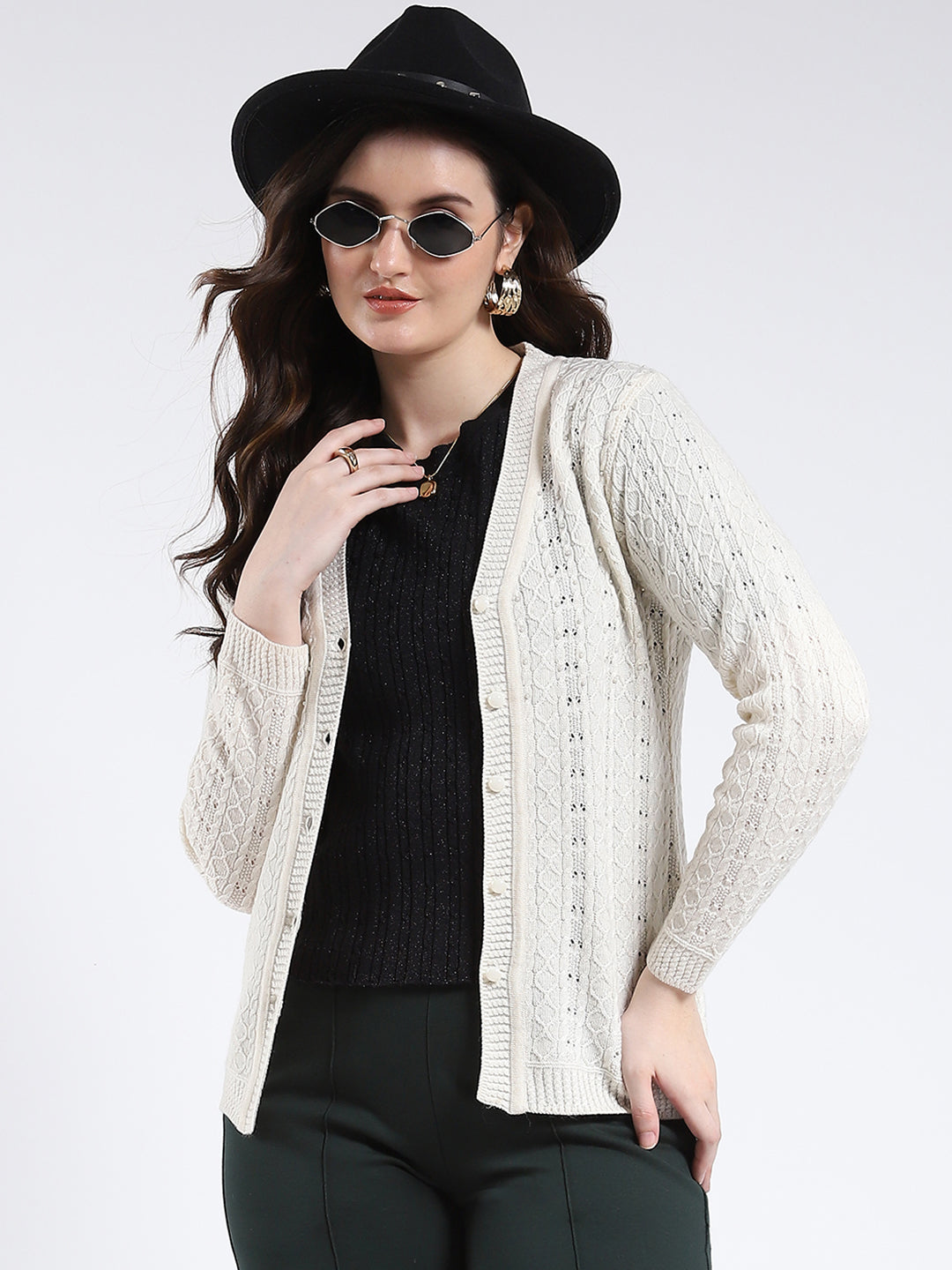 Women Cream Self Design V Neck Full Sleeve Cardigan