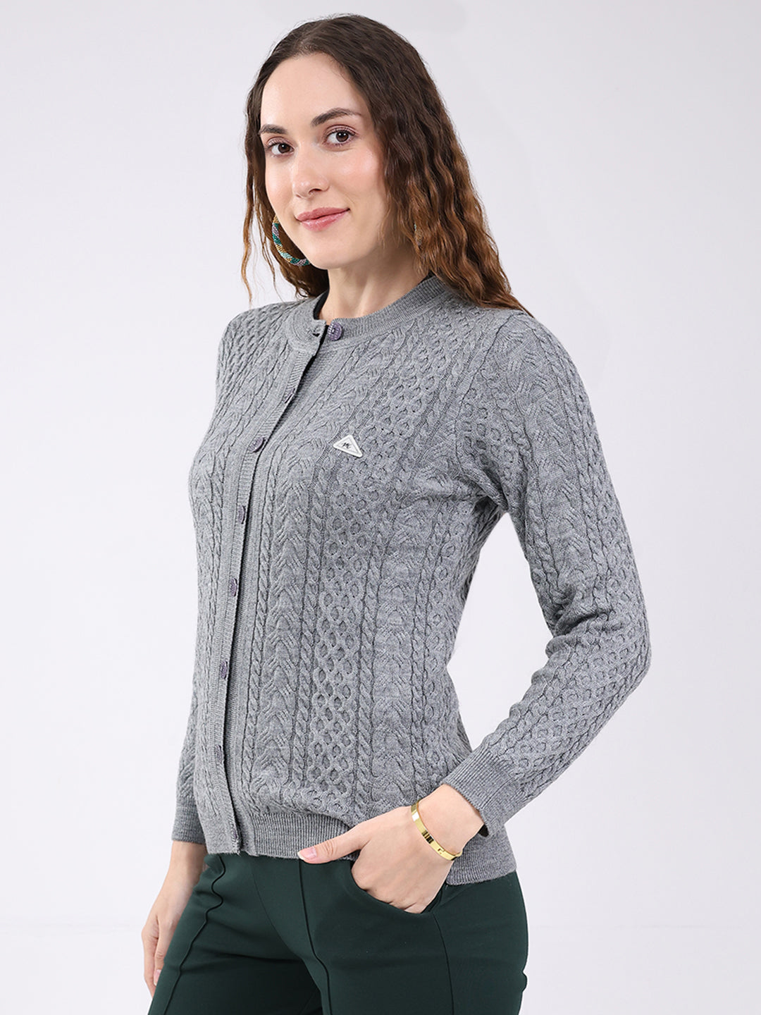 Women Grey Self Design Round Neck Full Sleeve Cardigan