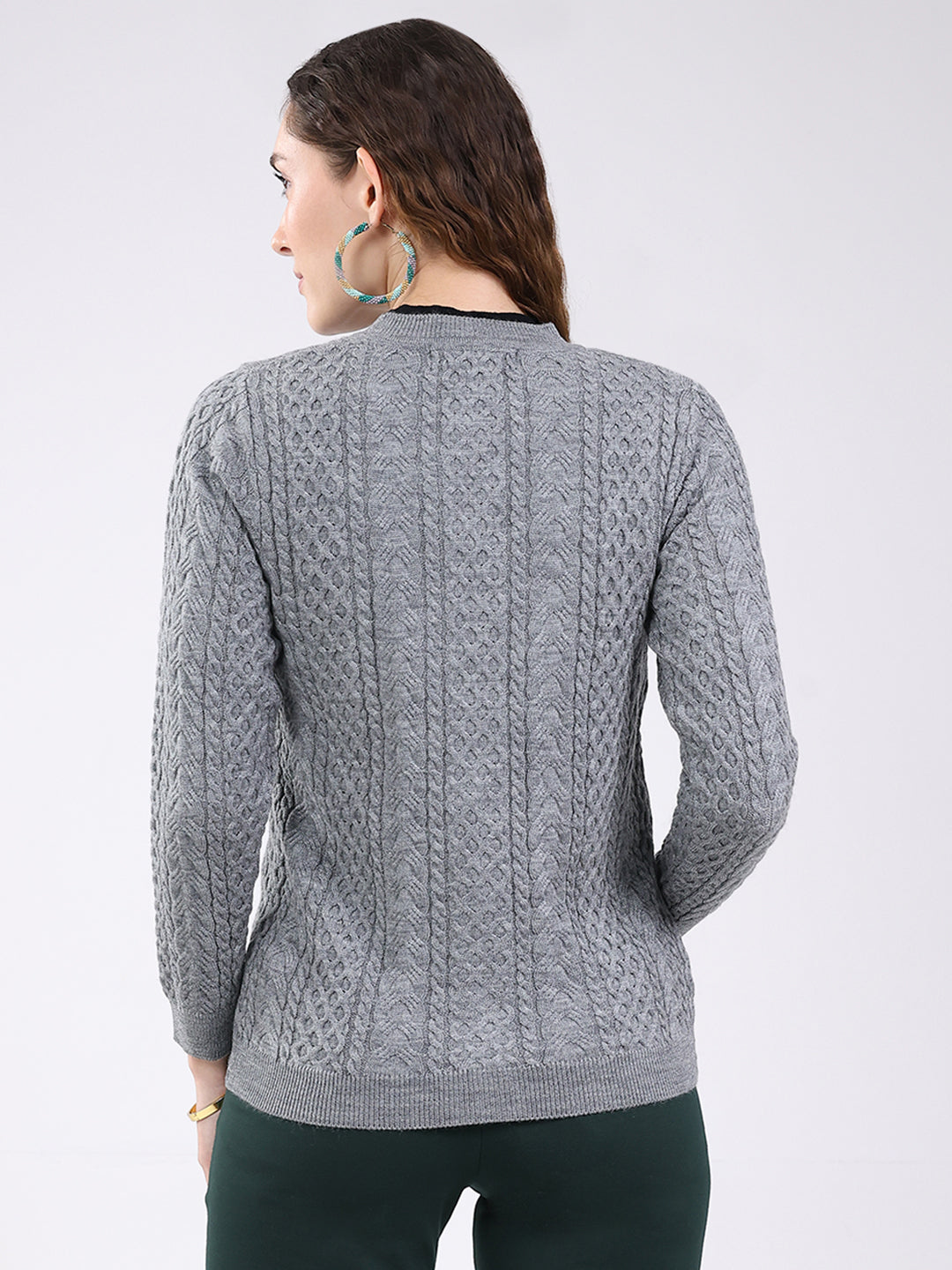 Women Grey Self Design Round Neck Full Sleeve Cardigan