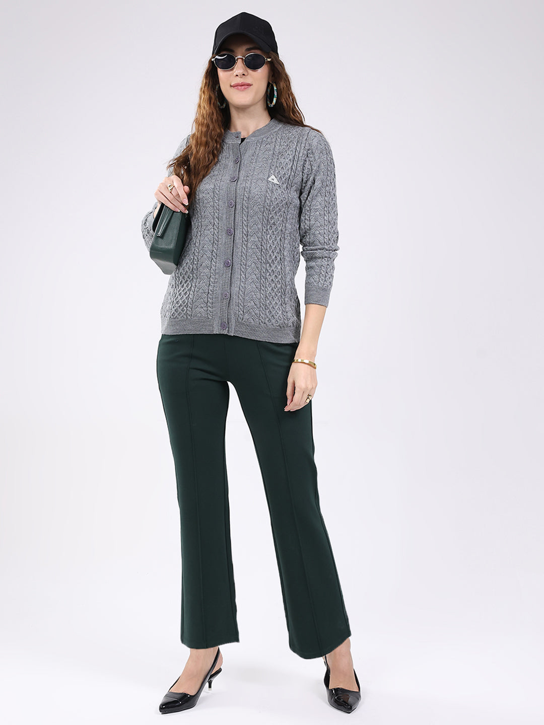 Women Grey Self Design Round Neck Full Sleeve Cardigan