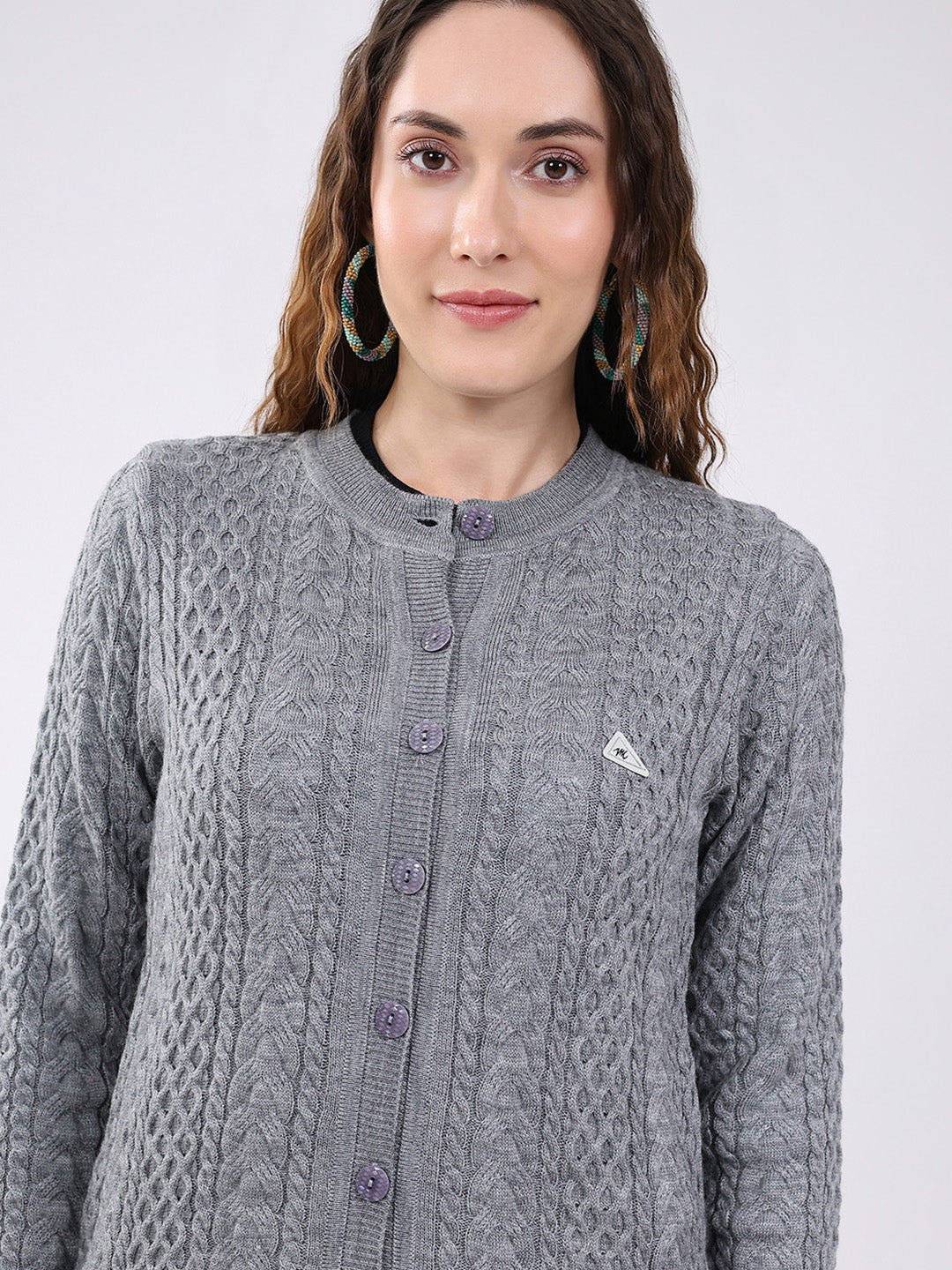 Women Grey Self Design Round Neck Full Sleeve Cardigan