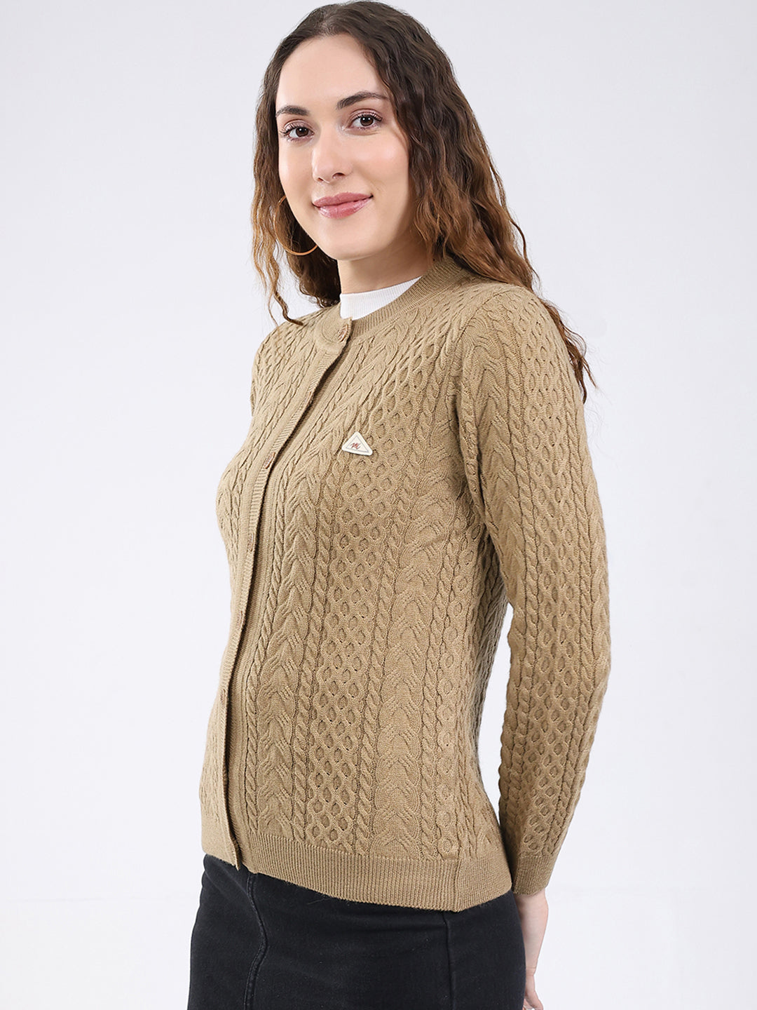 Women Camel Brown Self Design Round Neck Full Sleeve Cardigan