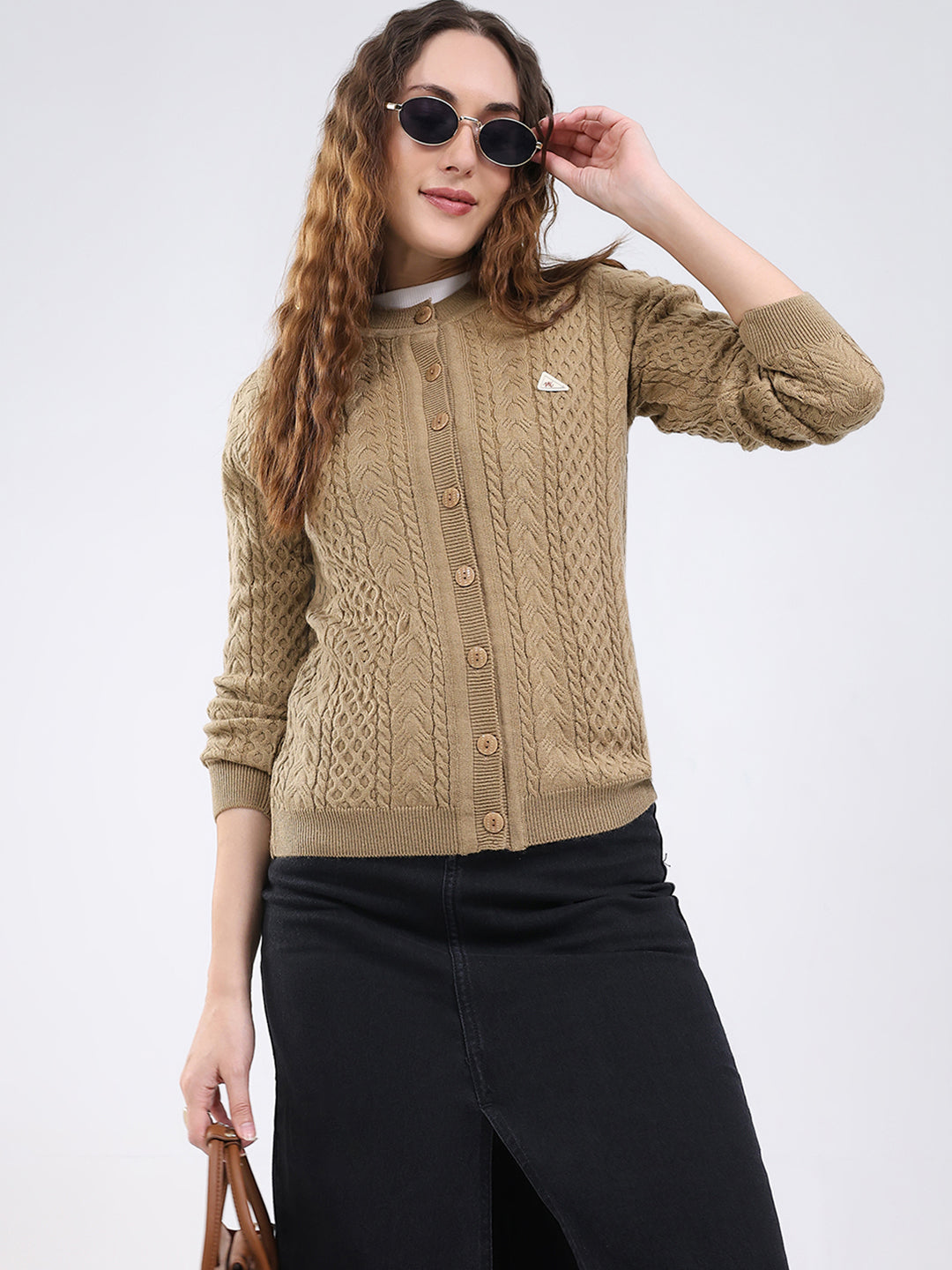 Women Camel Brown Self Design Round Neck Full Sleeve Cardigan