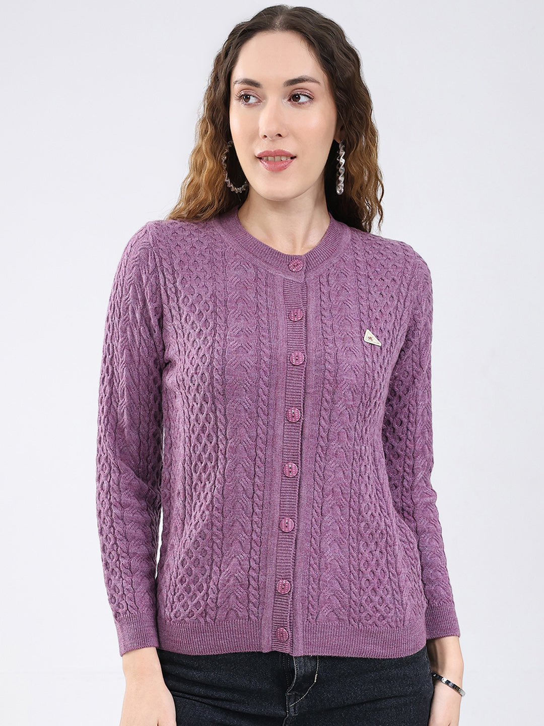 Women Purple Self Design Round Neck Full Sleeve Cardigan