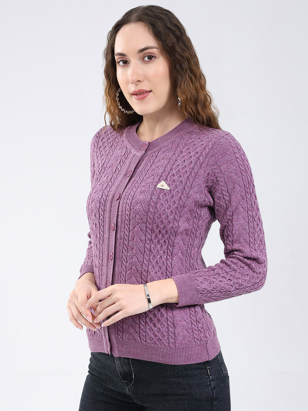 Women Purple Self Design Round Neck Full Sleeve Cardigan