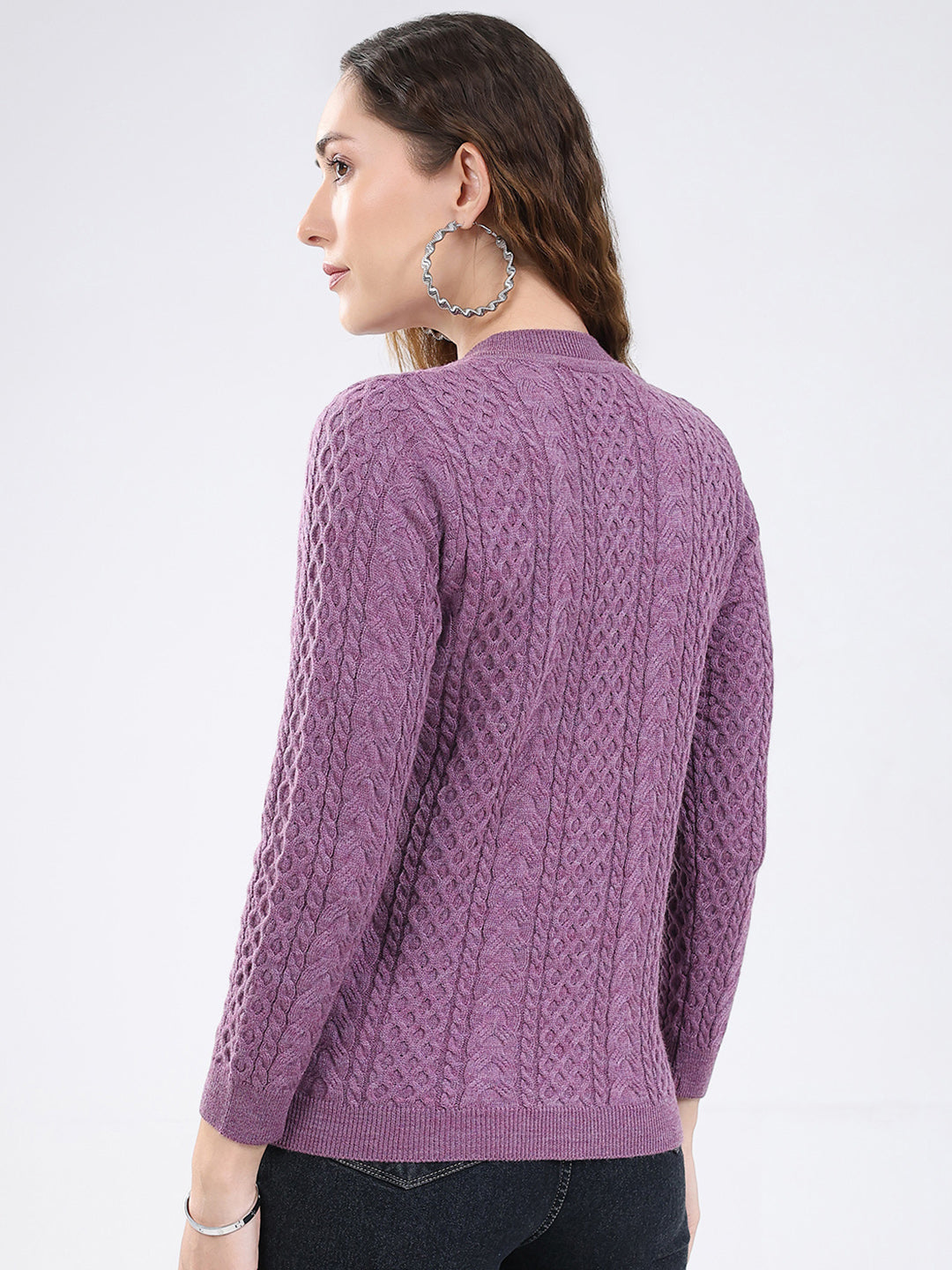 Women Purple Self Design Round Neck Full Sleeve Cardigan