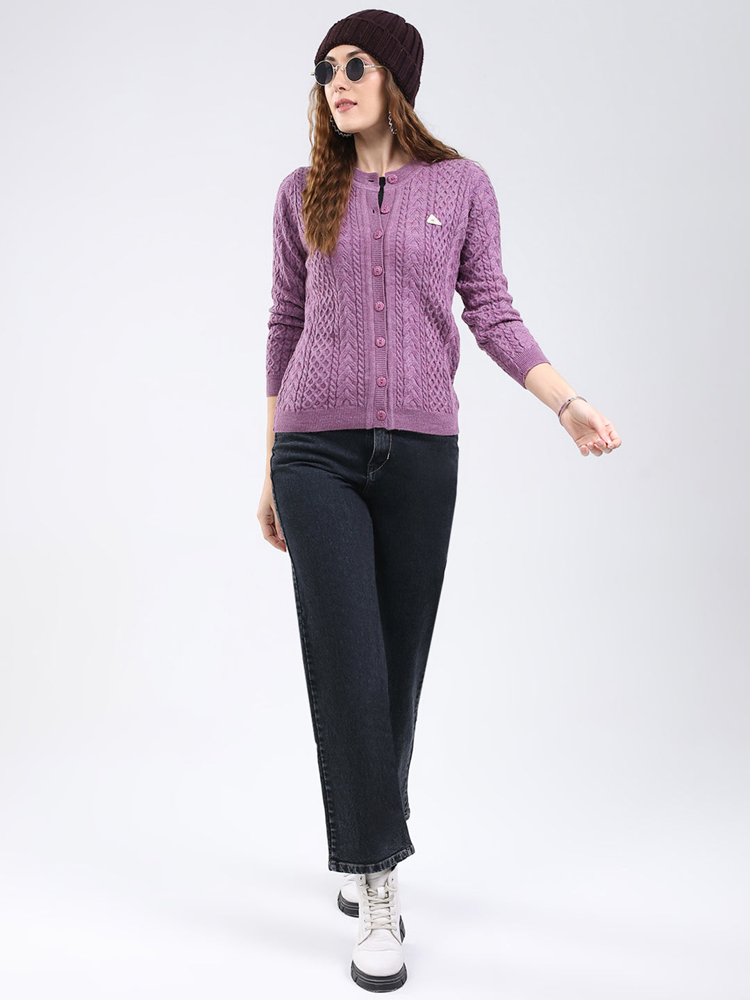 Women Purple Self Design Round Neck Full Sleeve Cardigan