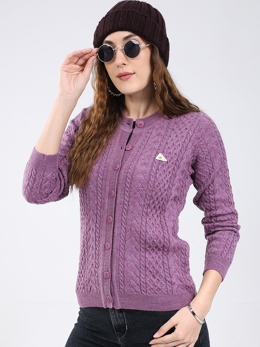 Women Purple Self Design Round Neck Full Sleeve Cardigan