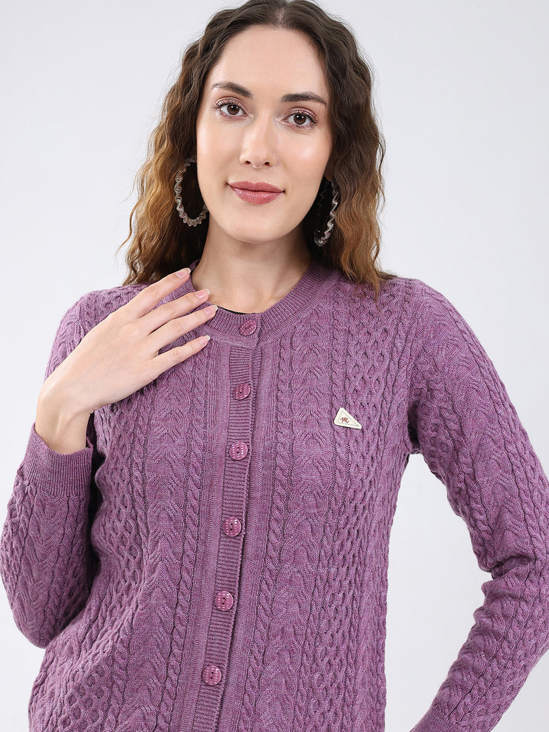 Women Purple Self Design Round Neck Full Sleeve Cardigan