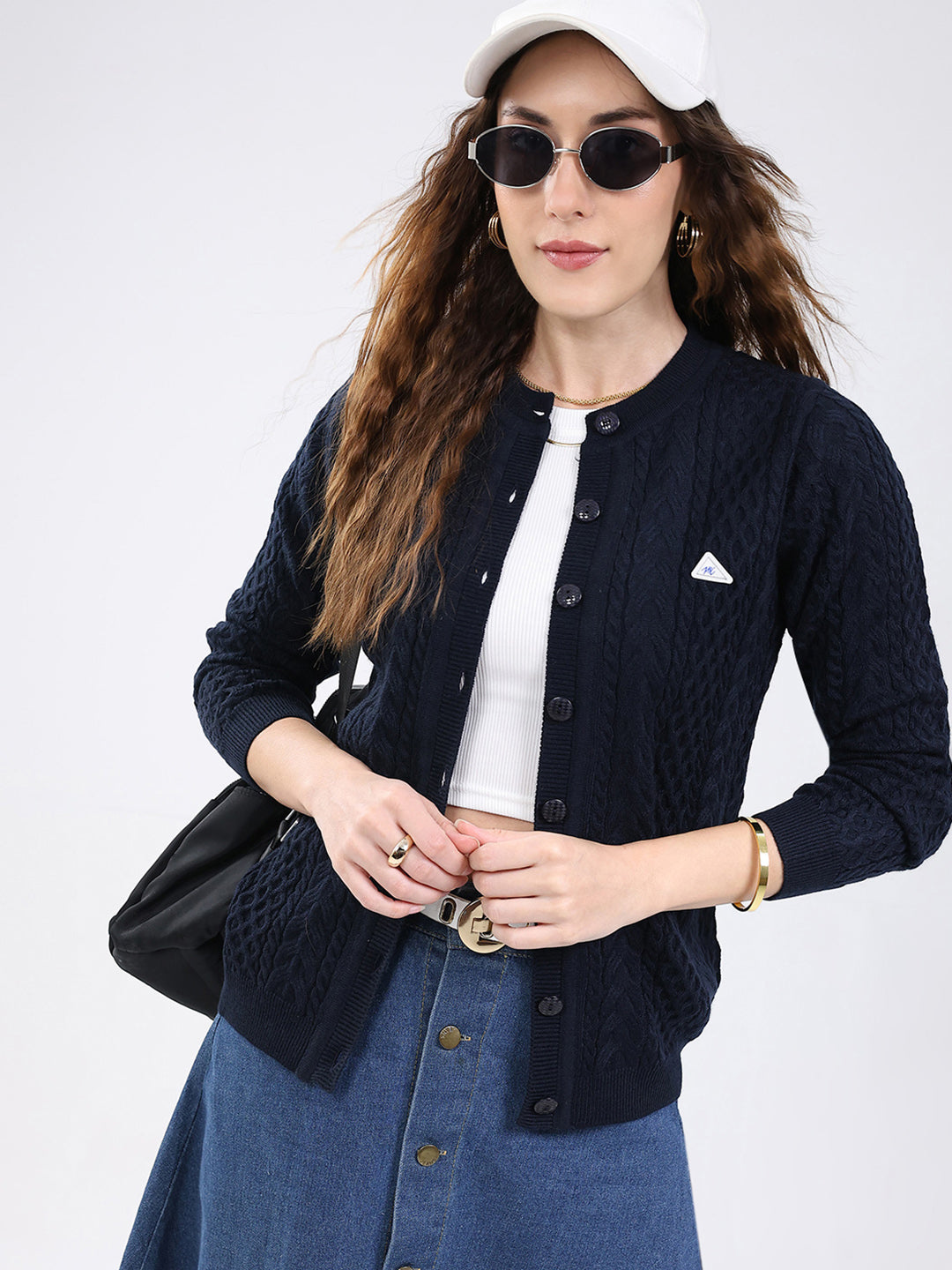 Women Navy Blue Self Design Round Neck Full Sleeve Cardigan