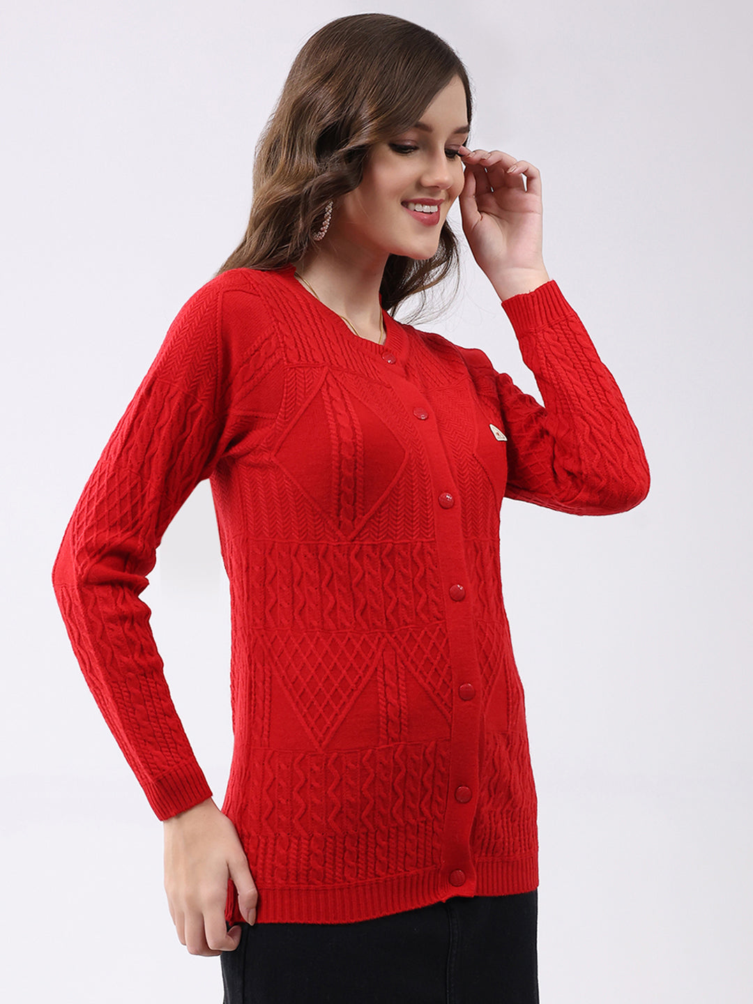 Women Red Self Design Round Neck Full Sleeve Cardigan