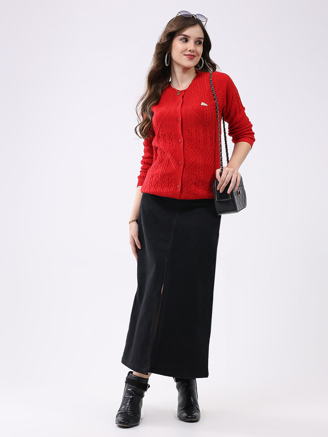 Women Red Self Design Round Neck Full Sleeve Cardigan