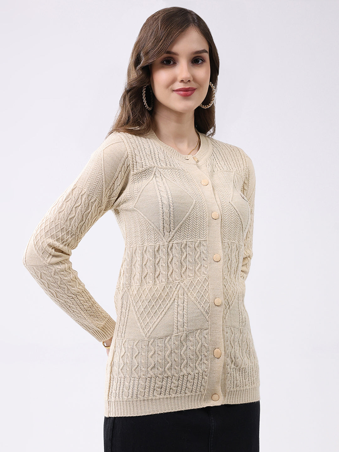 Women Beige Self Design Round Neck Full Sleeve Cardigan