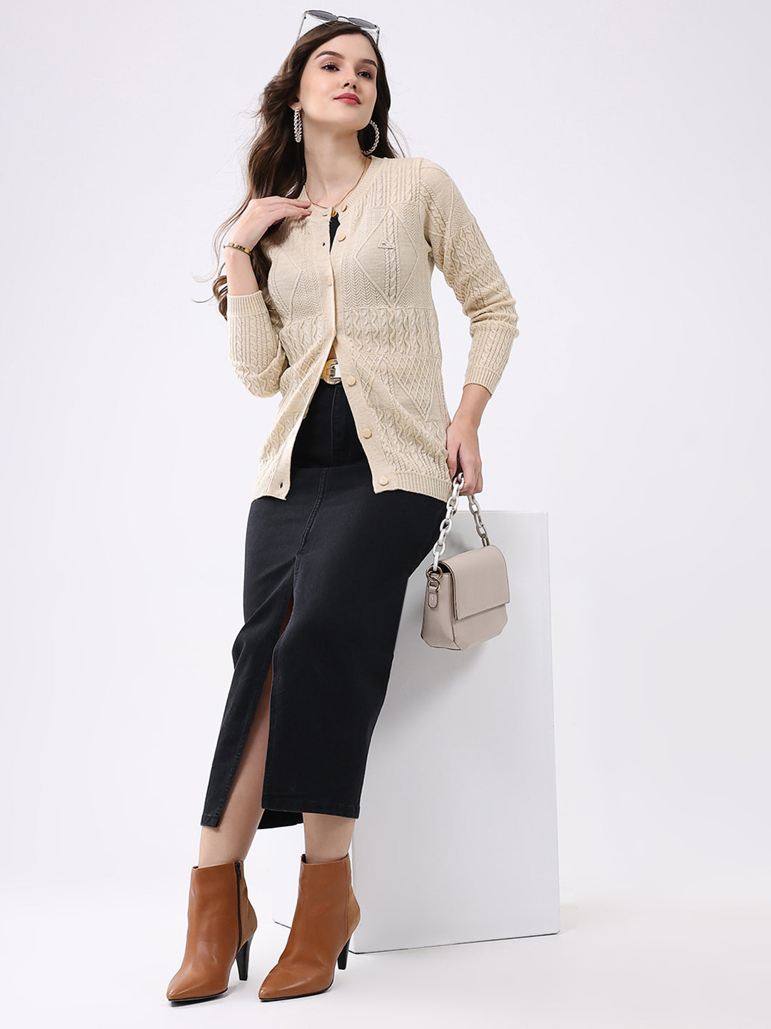 Women Beige Self Design Round Neck Full Sleeve Cardigan