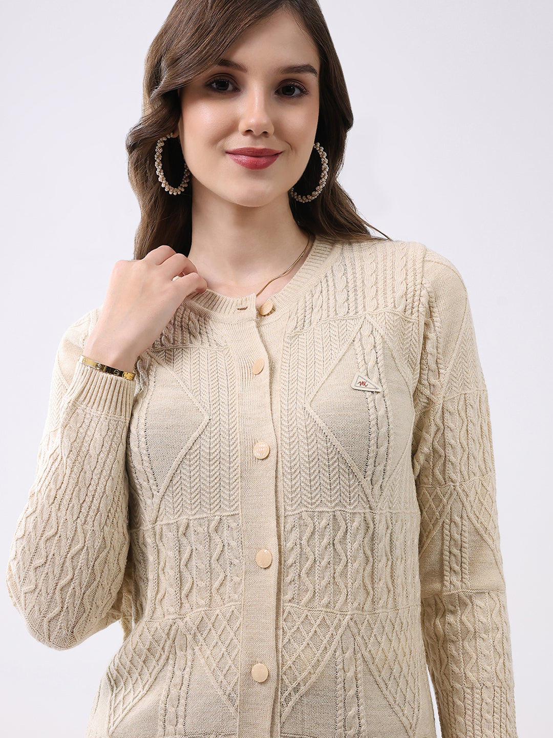Women Beige Self Design Round Neck Full Sleeve Cardigan