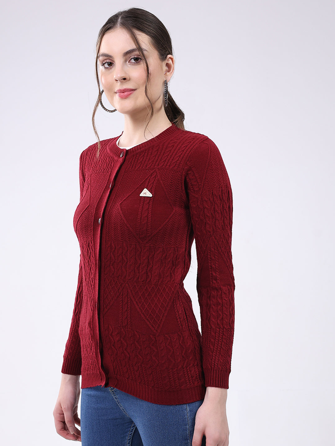Women Maroon Self Design Round Neck Full Sleeve Cardigan