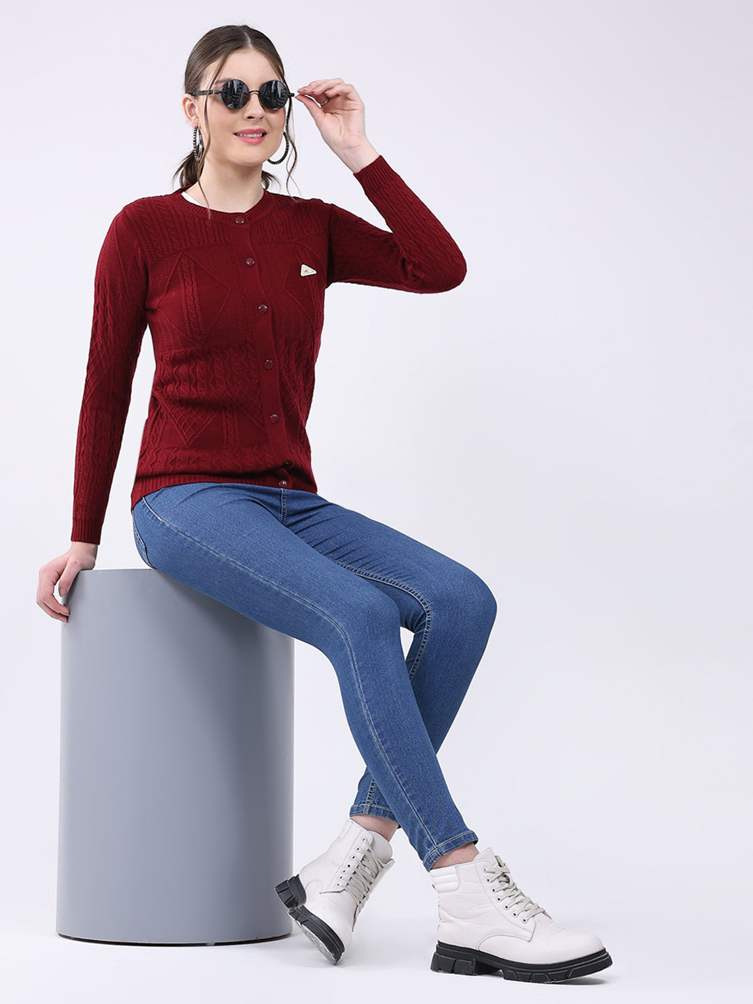 Women Maroon Self Design Round Neck Full Sleeve Cardigan