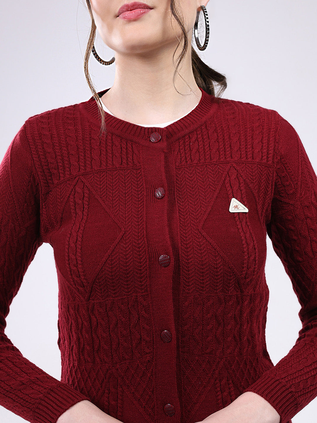 Women Maroon Self Design Round Neck Full Sleeve Cardigan