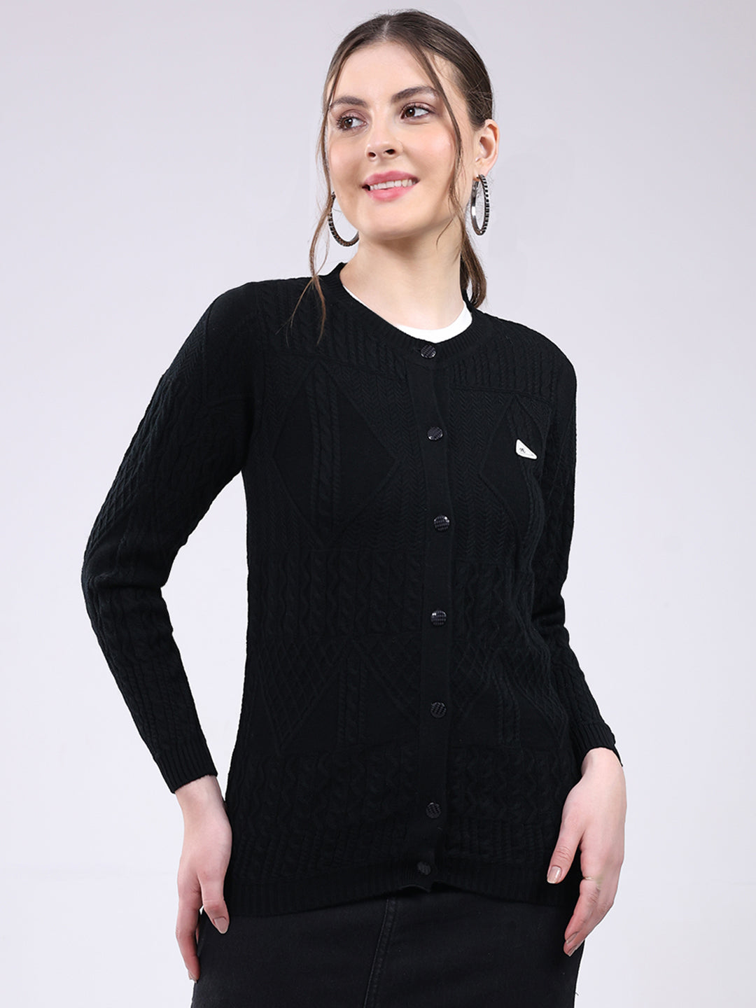 Women Black Self Design Round Neck Full Sleeve Cardigan
