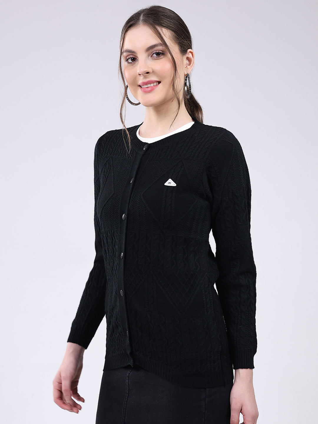 Women Black Self Design Round Neck Full Sleeve Cardigan