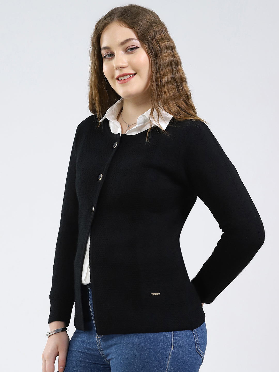 Women Black Self Design Round Neck Full Sleeve Cardigan