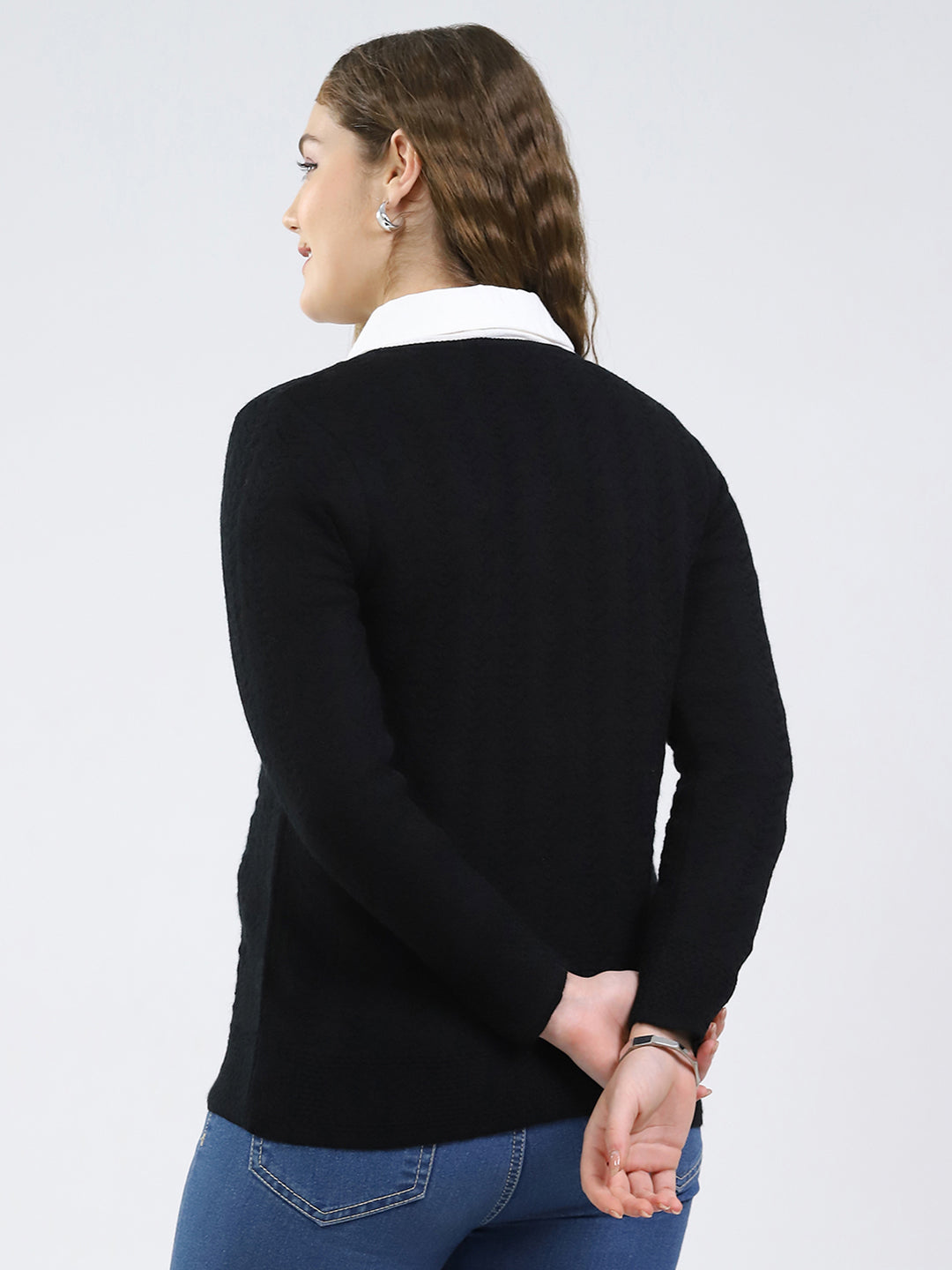 Women Black Self Design Round Neck Full Sleeve Cardigan