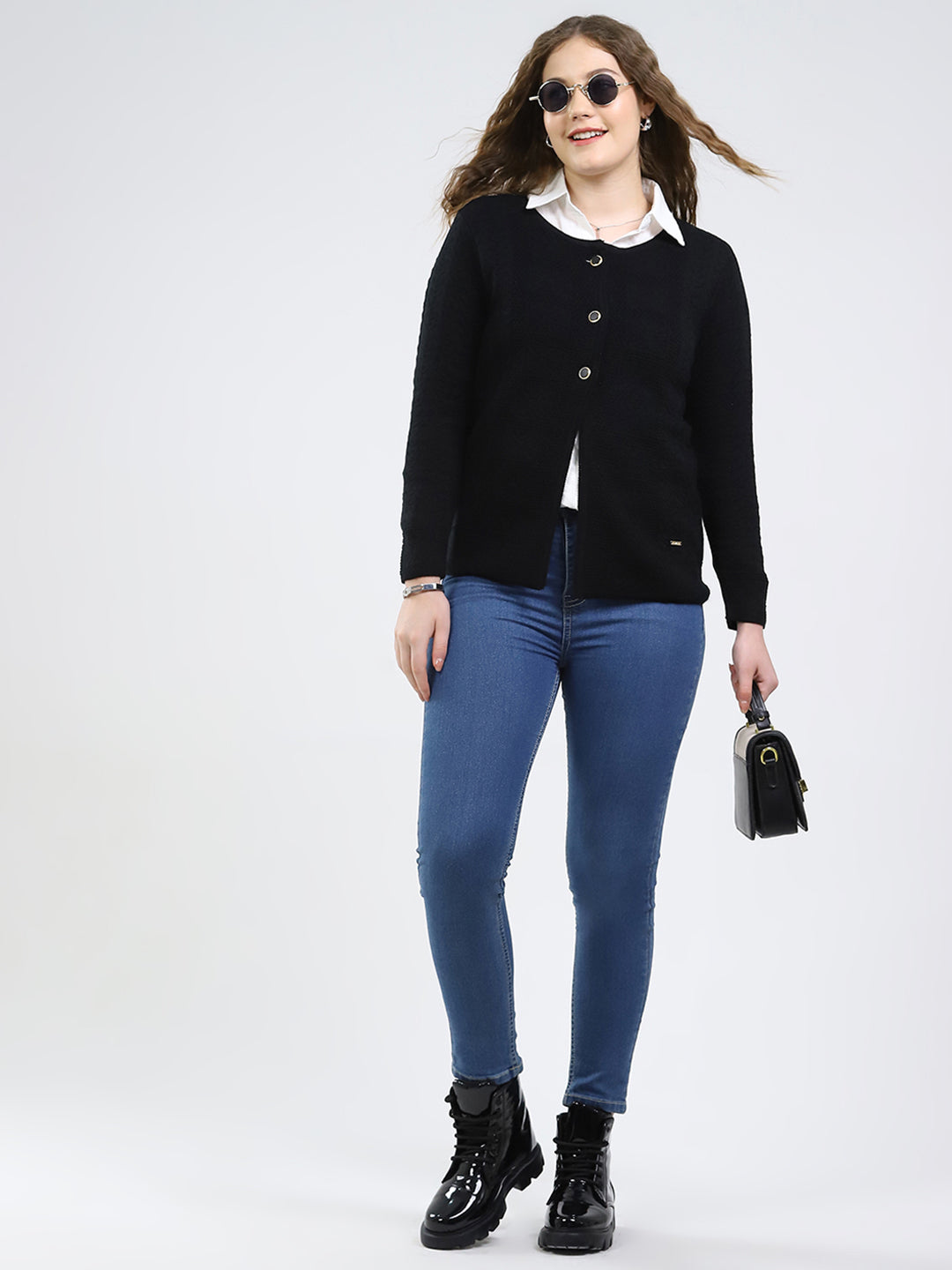Women Black Self Design Round Neck Full Sleeve Cardigan