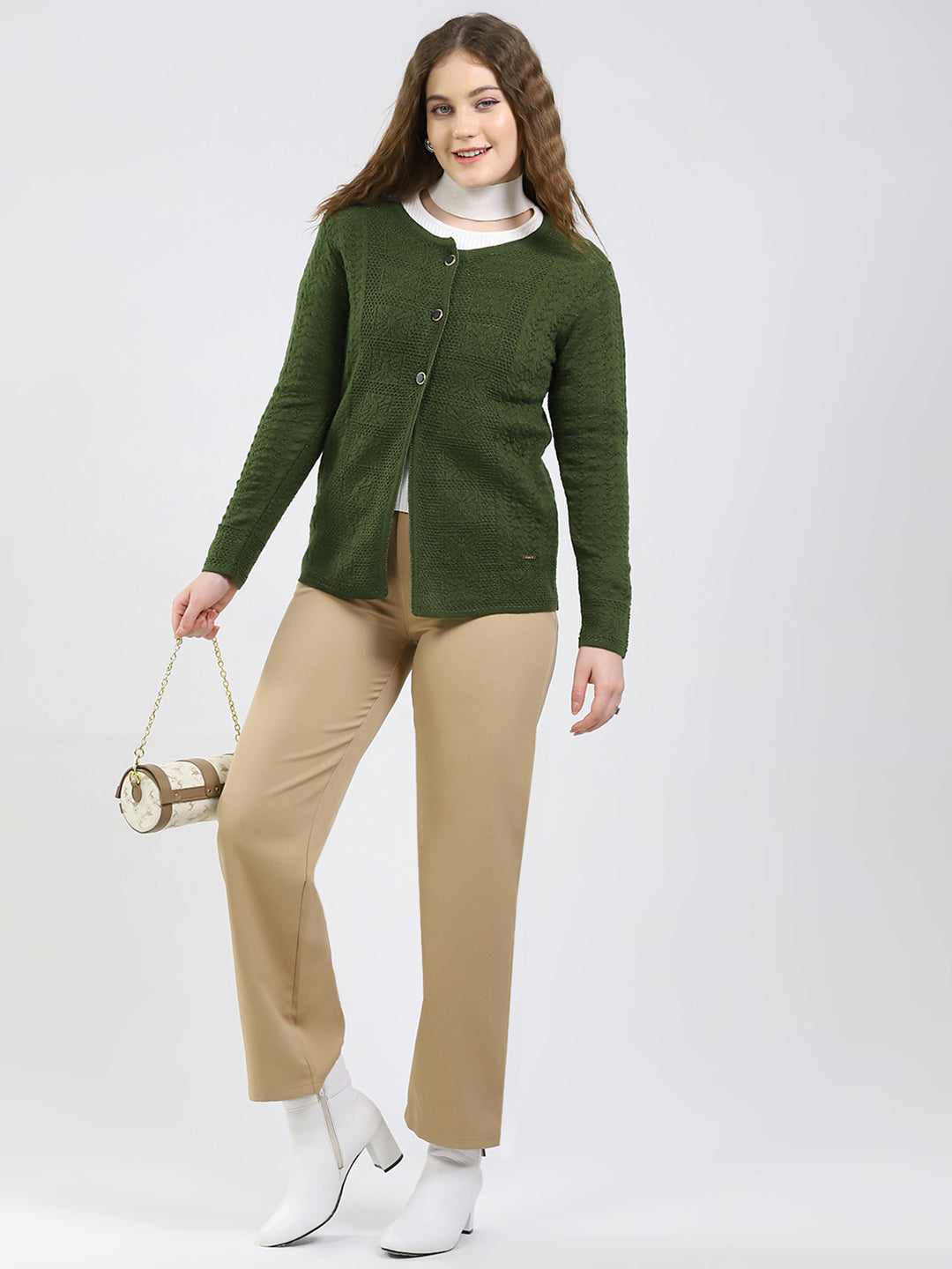 Women Green Self Design Round Neck Full Sleeve Cardigan