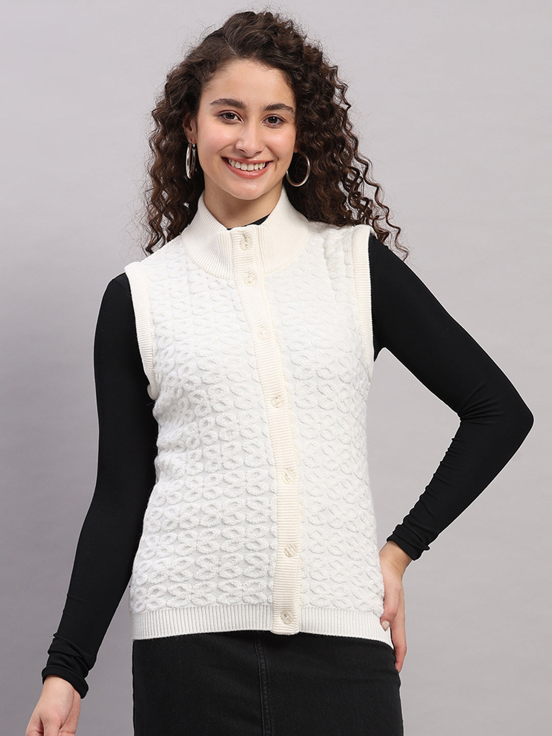 Women White Self Design V Neck Sleeveless Cardigan