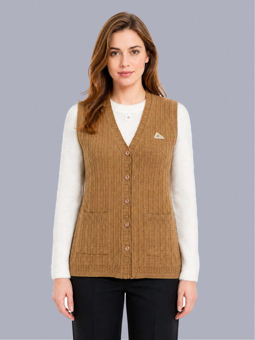Women Camel Brown Self Design V Neck Sleeveless Cardigan