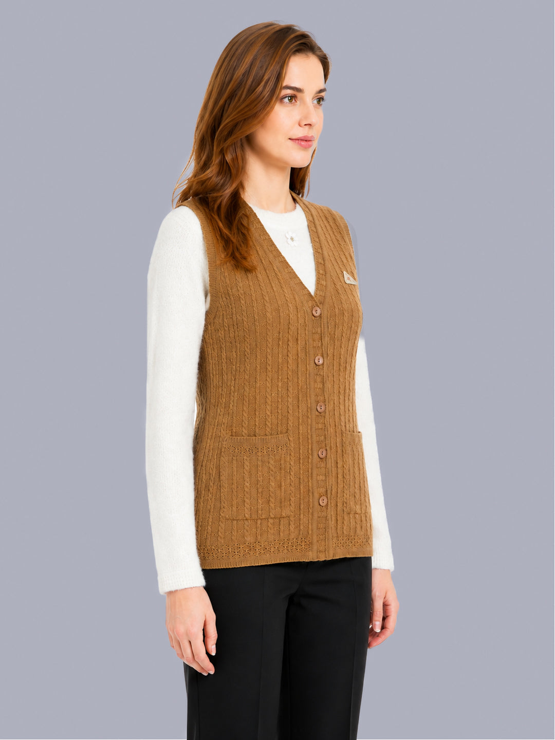 Women Camel Brown Self Design V Neck Sleeveless Cardigan