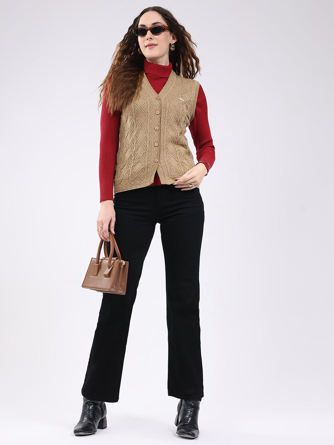 Women Camel Brown Self Design V Neck Sleeveless Cardigan