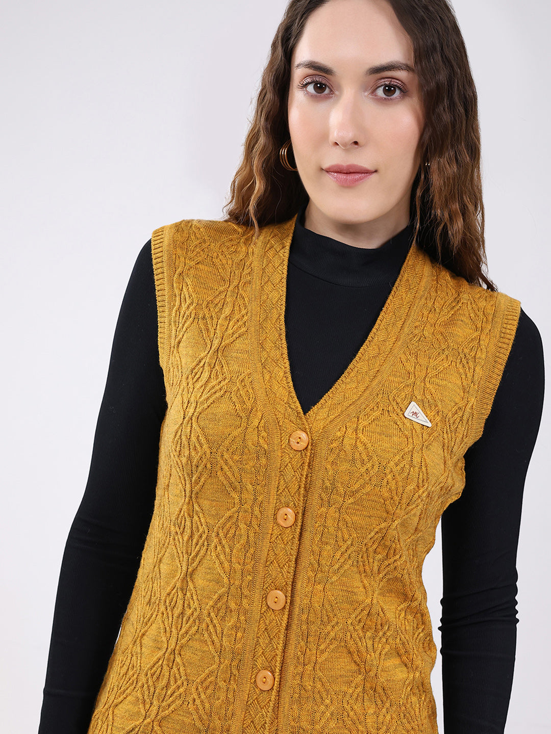 Women Mustard Self Design V Neck Sleeveless Cardigan