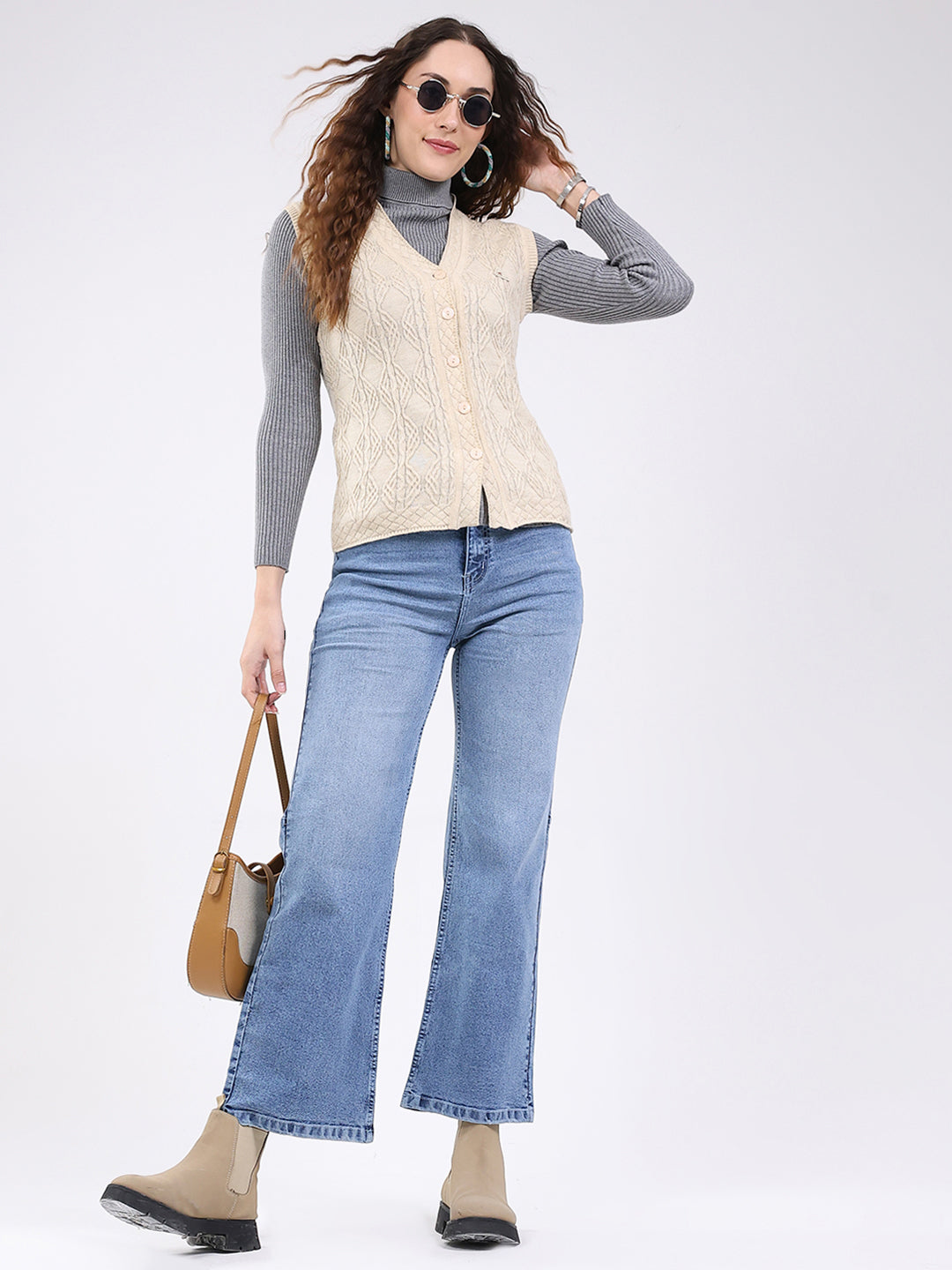 Women Beige Self Design V Neck Sleeveless Cardigan