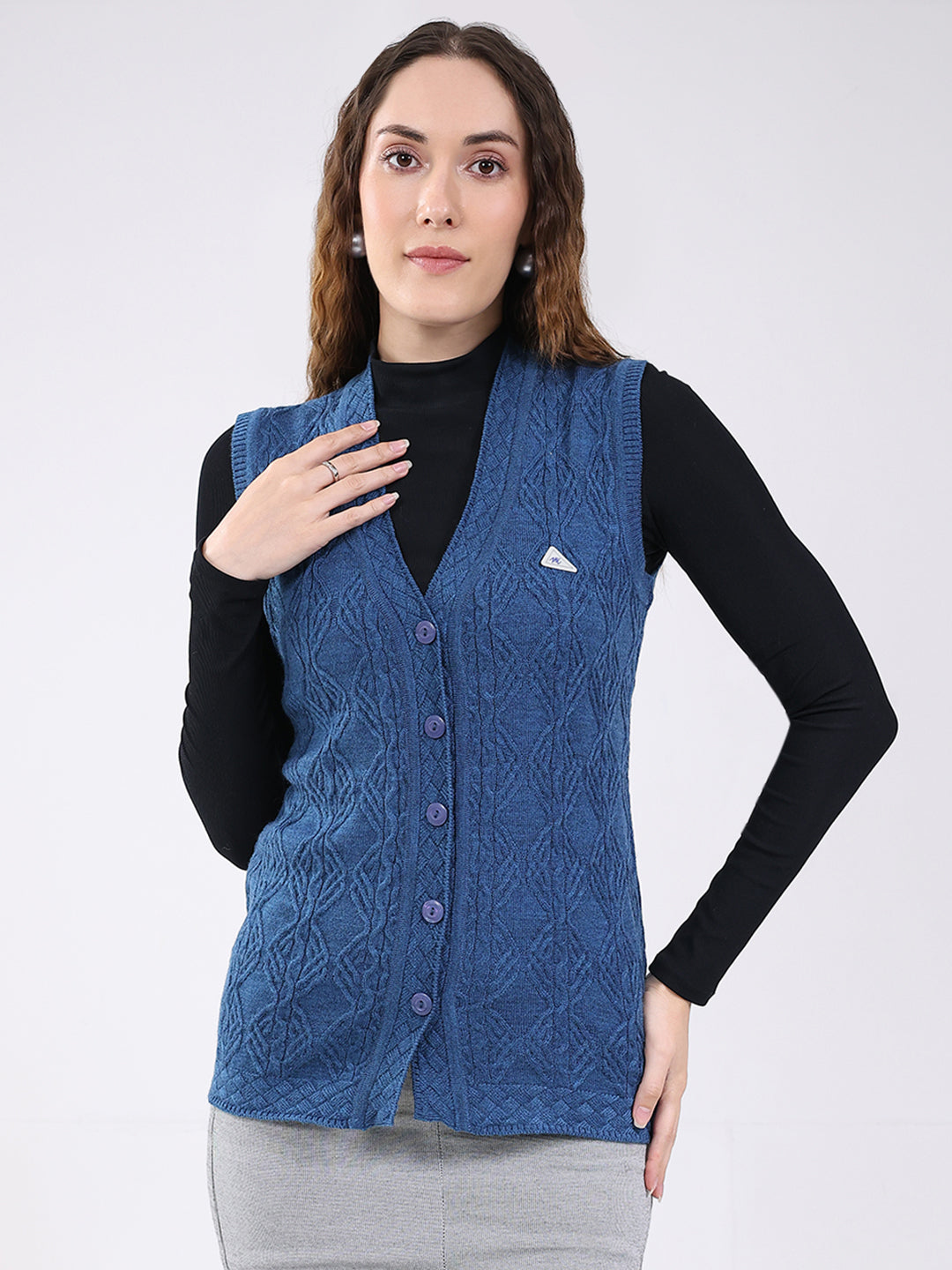 Women Blue Self Design V Neck Sleeveless Cardigan