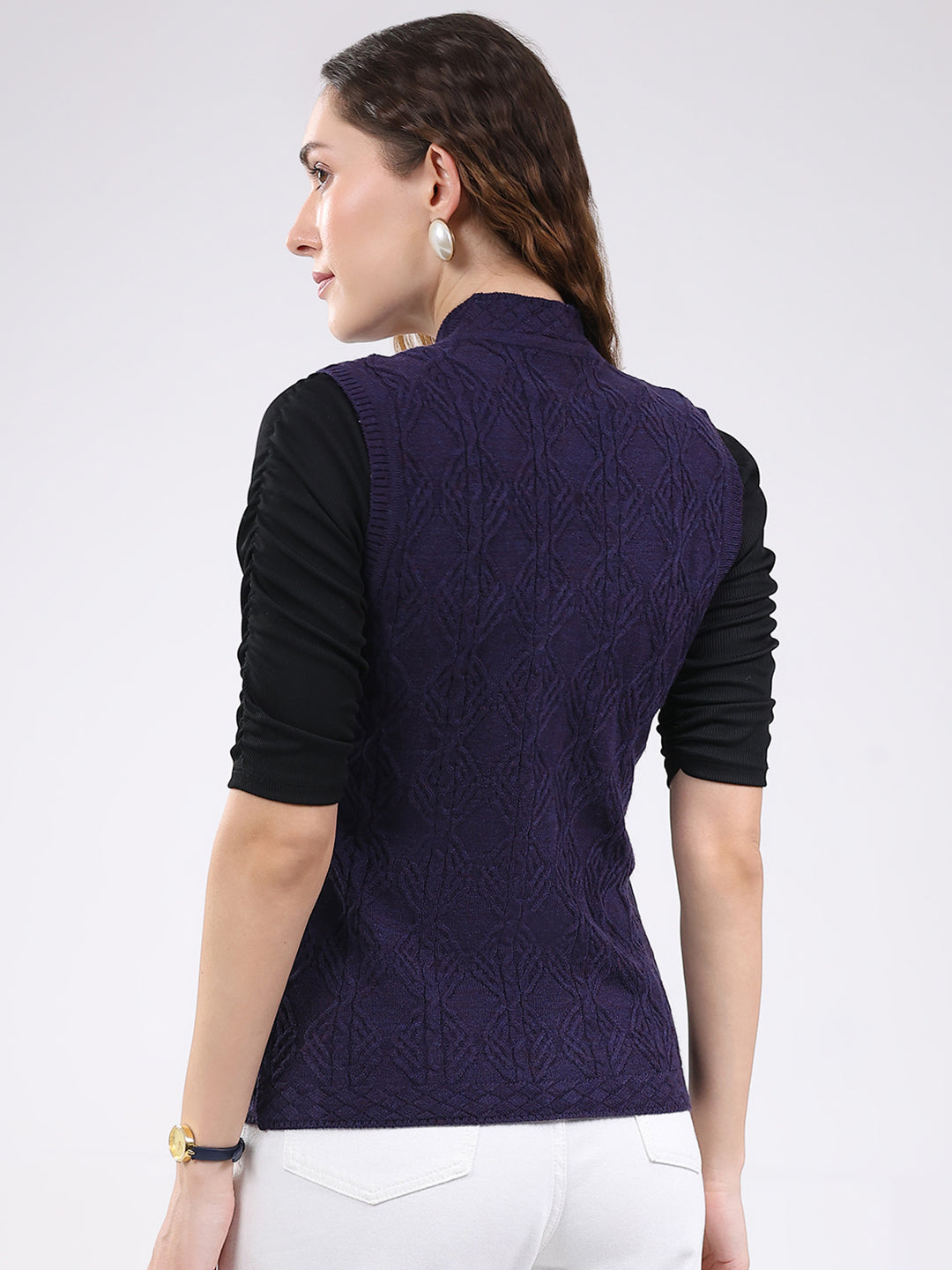 Women Purple Self Design V Neck Sleeveless Cardigan