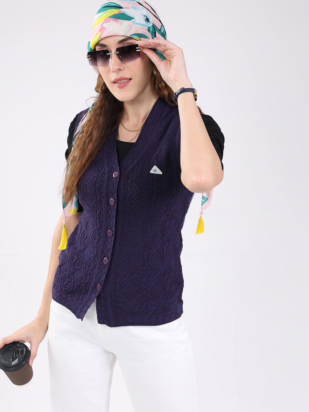 Women Purple Self Design V Neck Sleeveless Cardigan
