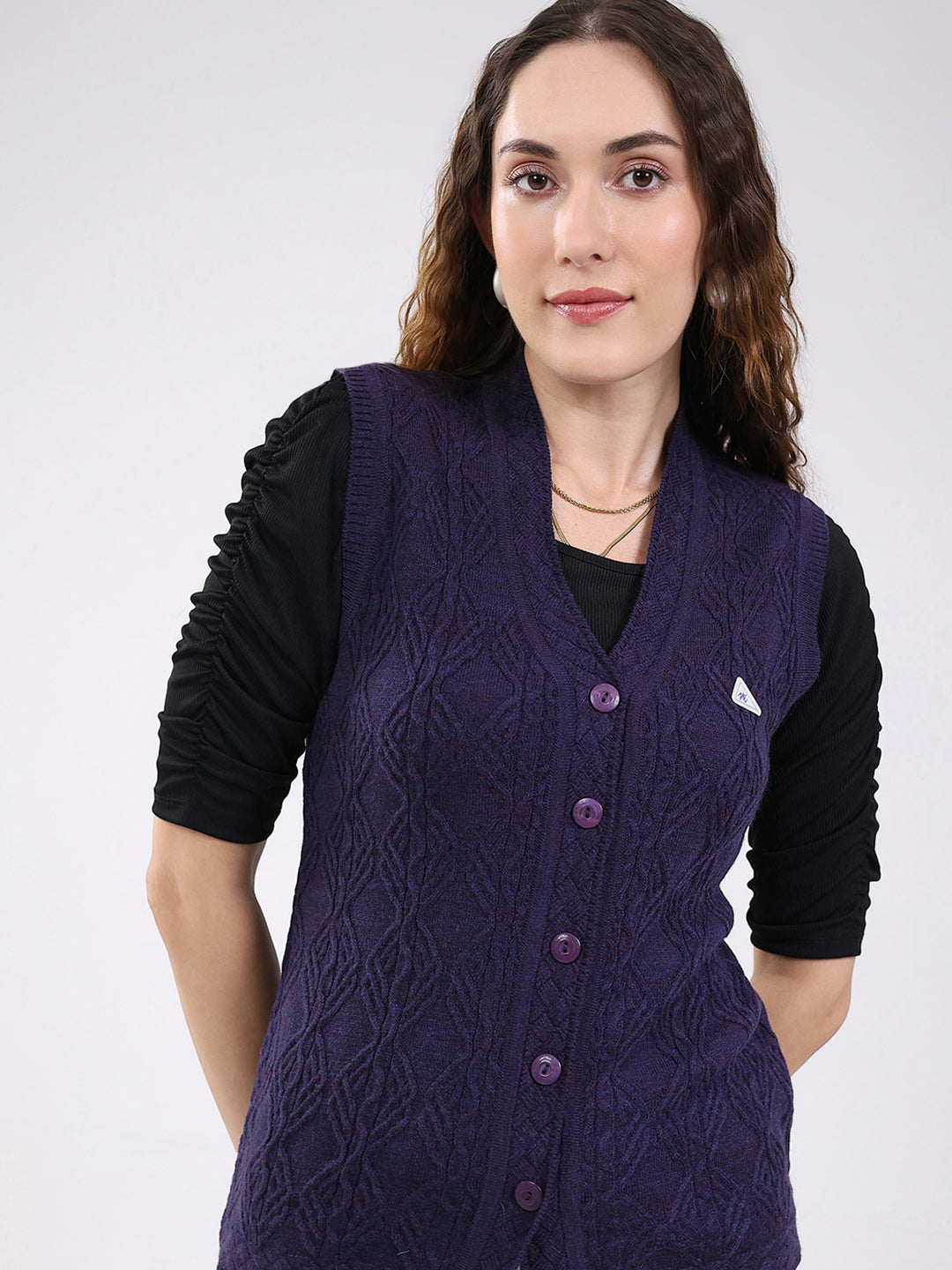 Women Purple Self Design V Neck Sleeveless Cardigan