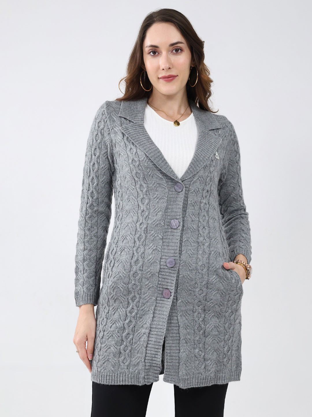 Women Grey Self Design Notch Lapel Collar Full Sleeve Cardigan