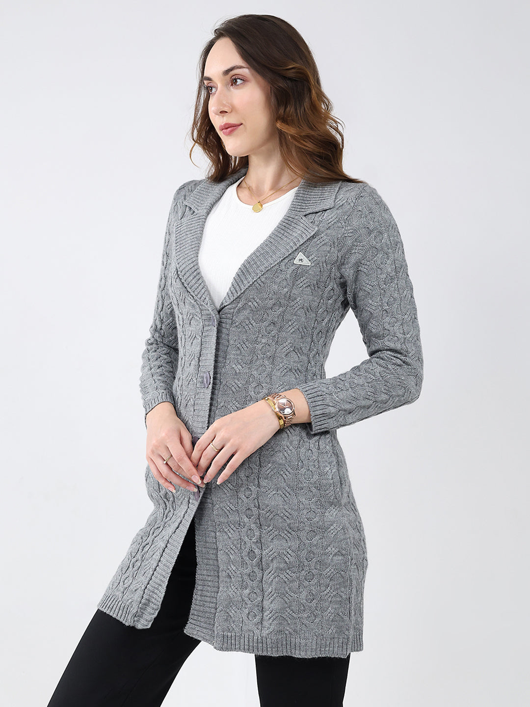 Women Grey Self Design Notch Lapel Collar Full Sleeve Cardigan