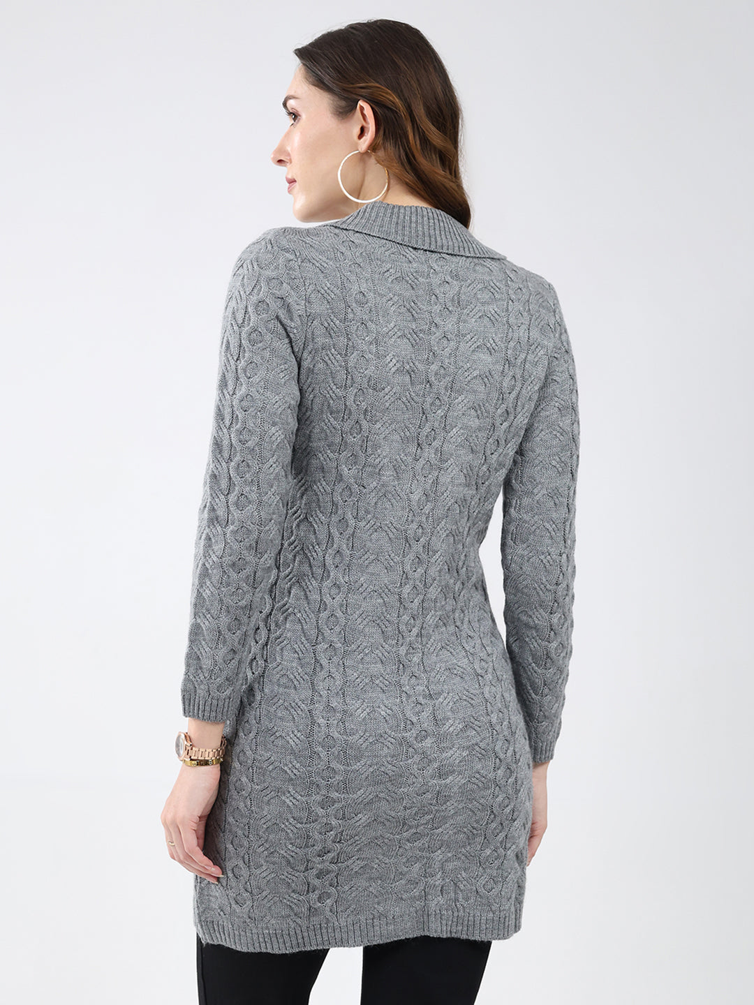 Women Grey Self Design Notch Lapel Collar Full Sleeve Cardigan