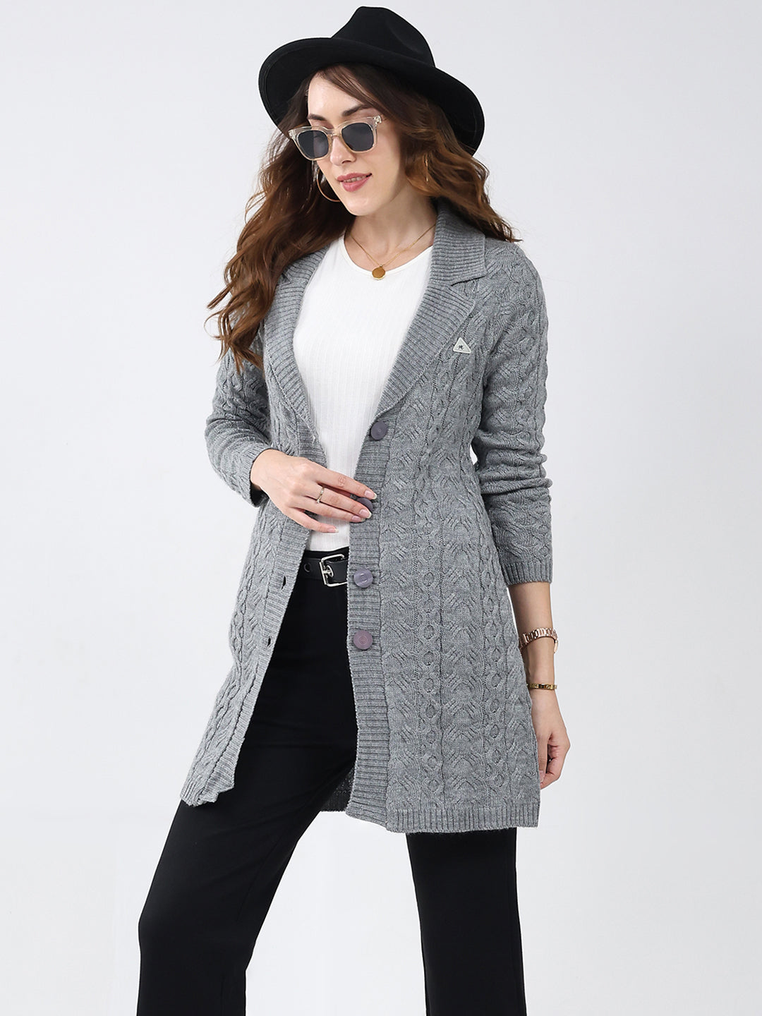 Women Grey Self Design Notch Lapel Collar Full Sleeve Cardigan