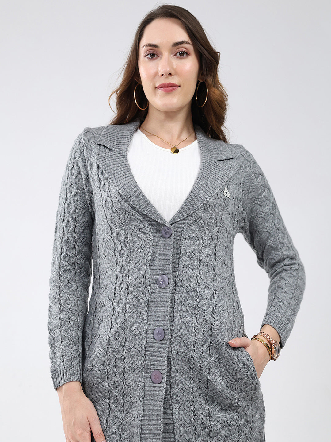Women Grey Self Design Notch Lapel Collar Full Sleeve Cardigan
