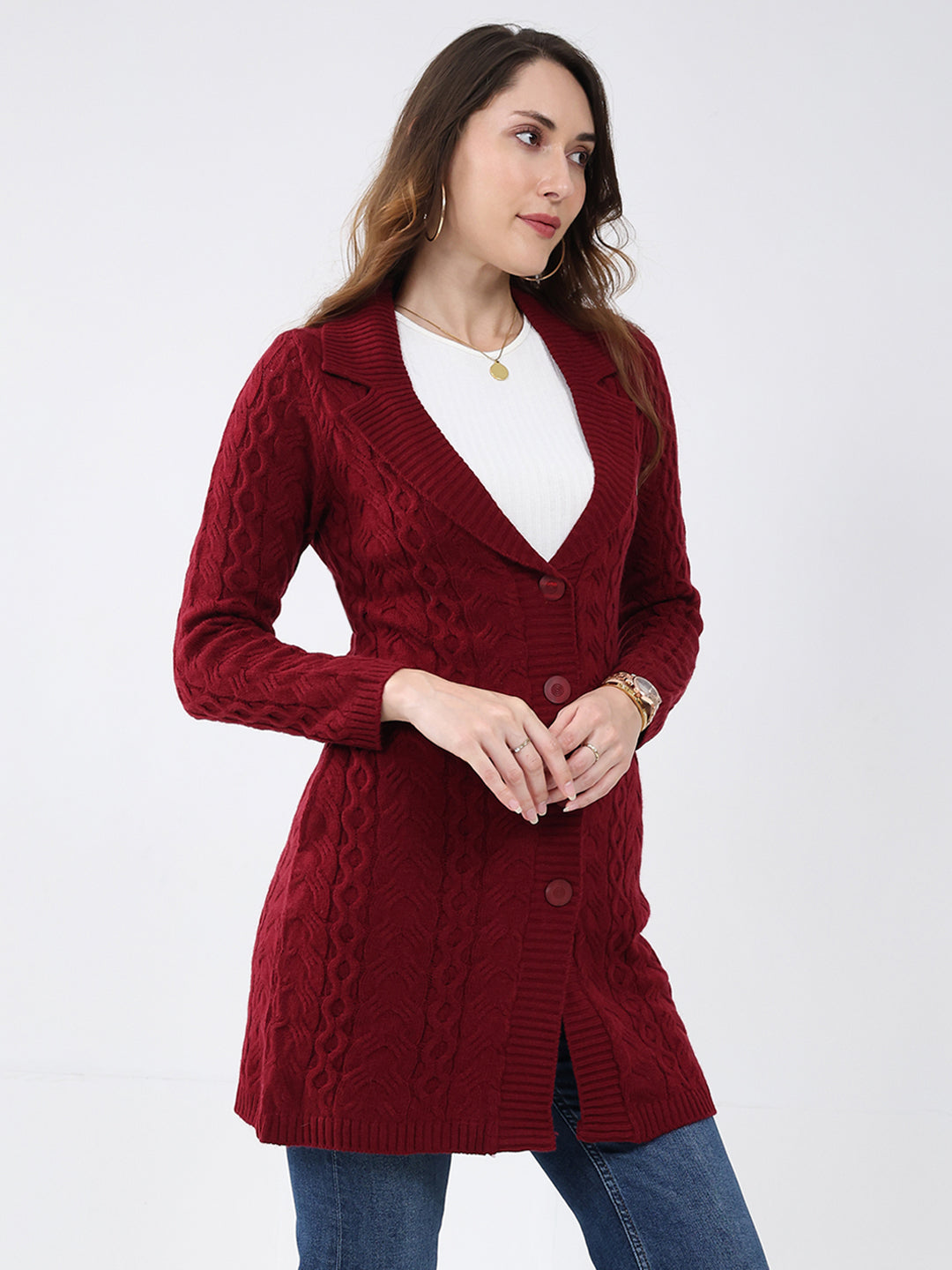Women Maroon Self Design Notch Lapel Collar Full Sleeve Cardigan