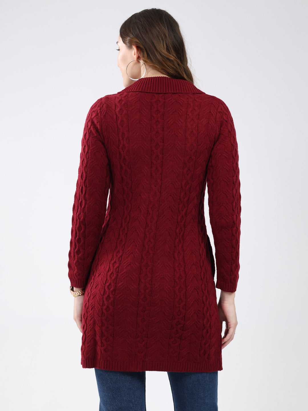 Women Maroon Self Design Notch Lapel Collar Full Sleeve Cardigan